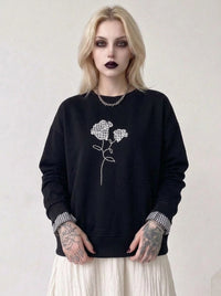 Black Gingham Rose Pullover | Relaxed Alternative Sweatshirt
