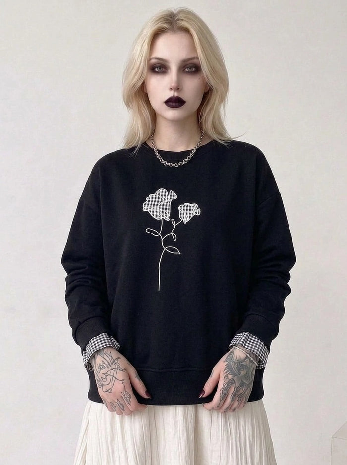 Black Gingham Rose Pullover | Relaxed Alternative Sweatshirt-SimpleModerne