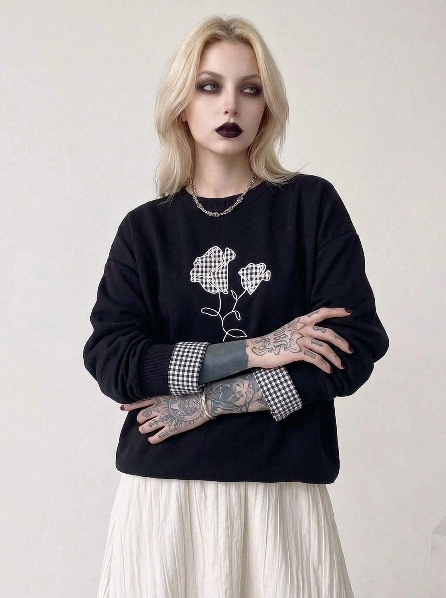 Black Gingham Rose Pullover | Relaxed Alternative Sweatshirt