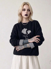 Black Gingham Rose Pullover | Relaxed Alternative Sweatshirt