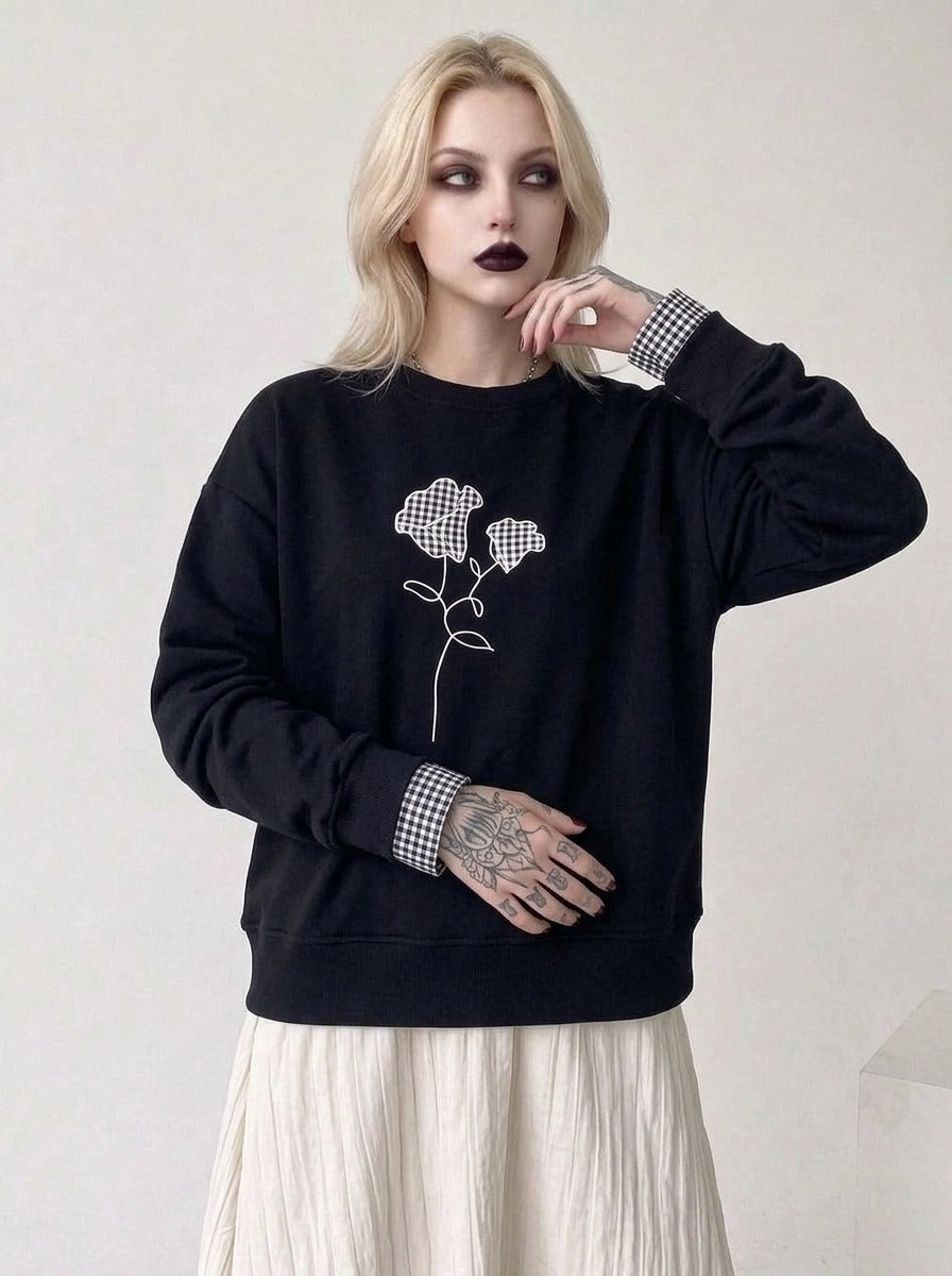 Black Gingham Rose Pullover | Relaxed Alternative Sweatshirt