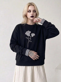 Black Gingham Rose Pullover | Relaxed Alternative Sweatshirt