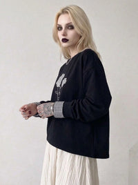 Black Gingham Rose Pullover | Relaxed Alternative Sweatshirt