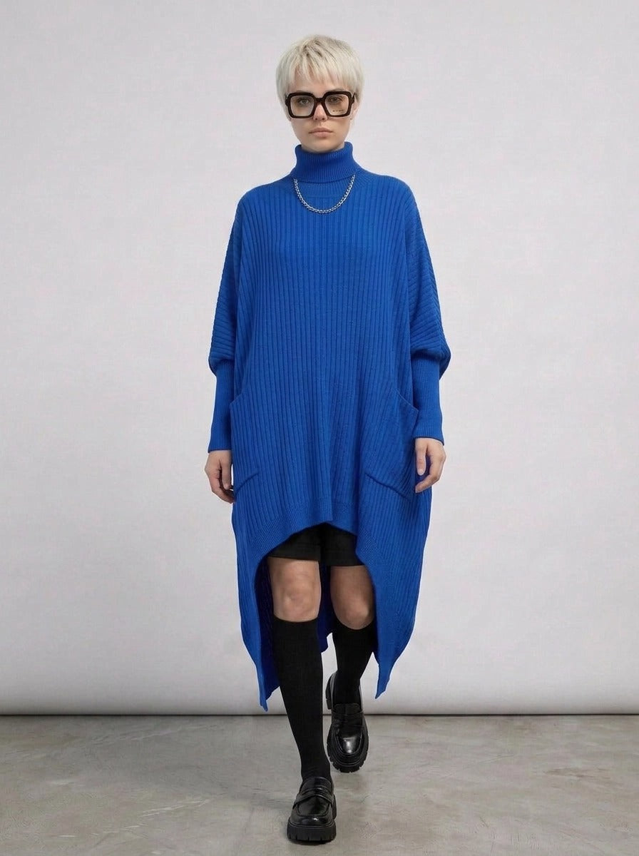 Cobalt Blue Oversized Knit Pullover Dress with Turtleneck & Asymmetrical Hem-SimpleModerne