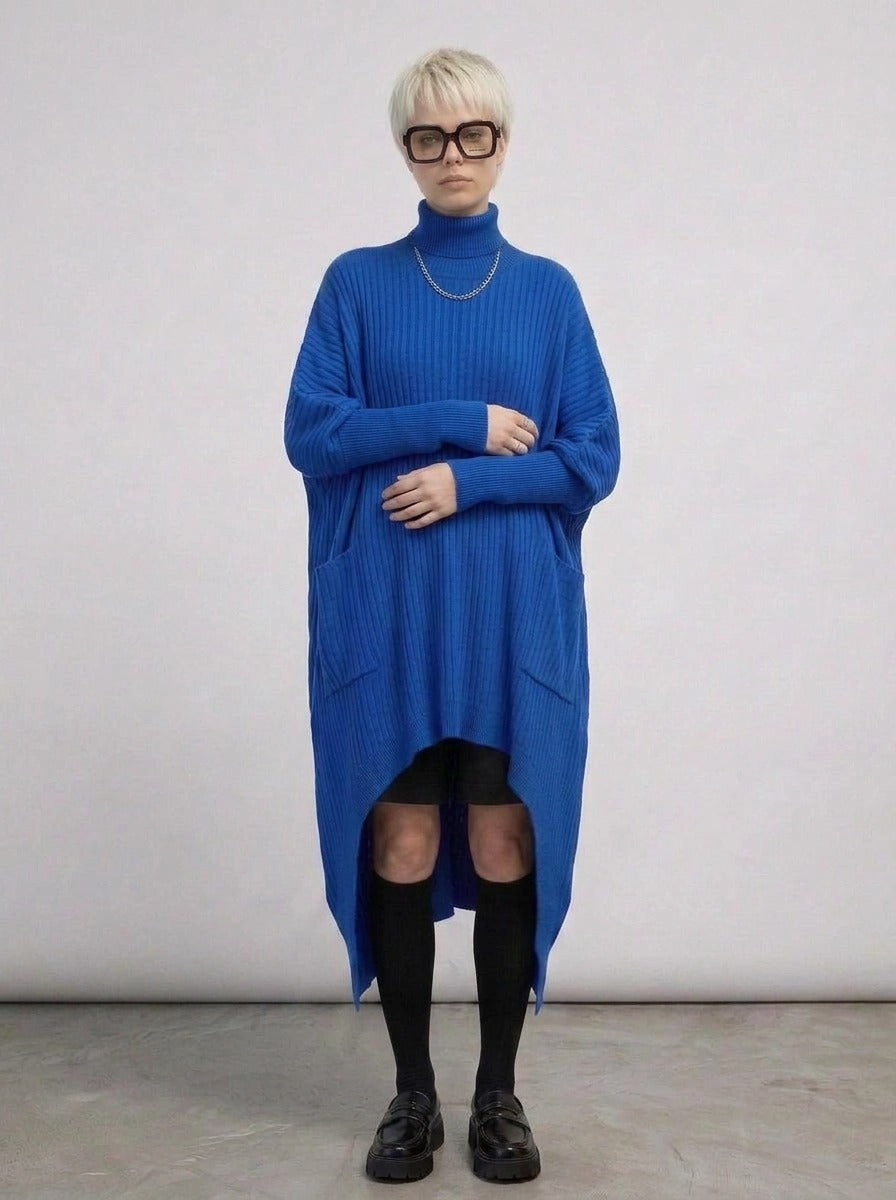 Cobalt Blue Oversized Knit Pullover Dress with Turtleneck & Asymmetrical Hem-SimpleModerne