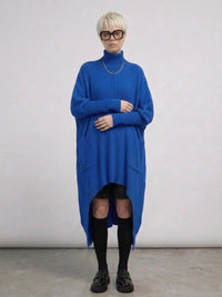 Cobalt Blue Oversized Knit Pullover Dress with Turtleneck & Asymmetrical Hem-SimpleModerne