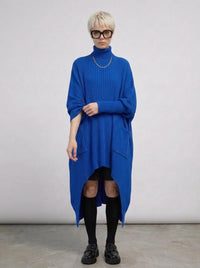 Cobalt Blue Oversized Knit Pullover Dress with Turtleneck & Asymmetrical Hem-SimpleModerne