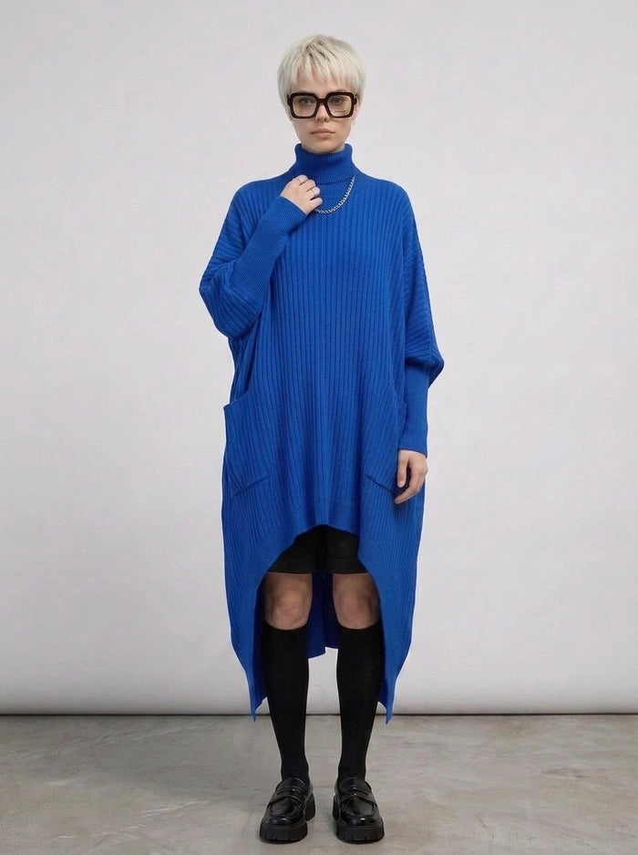 Cobalt Blue Oversized Knit Pullover Dress with Turtleneck & Asymmetrical Hem-SimpleModerne