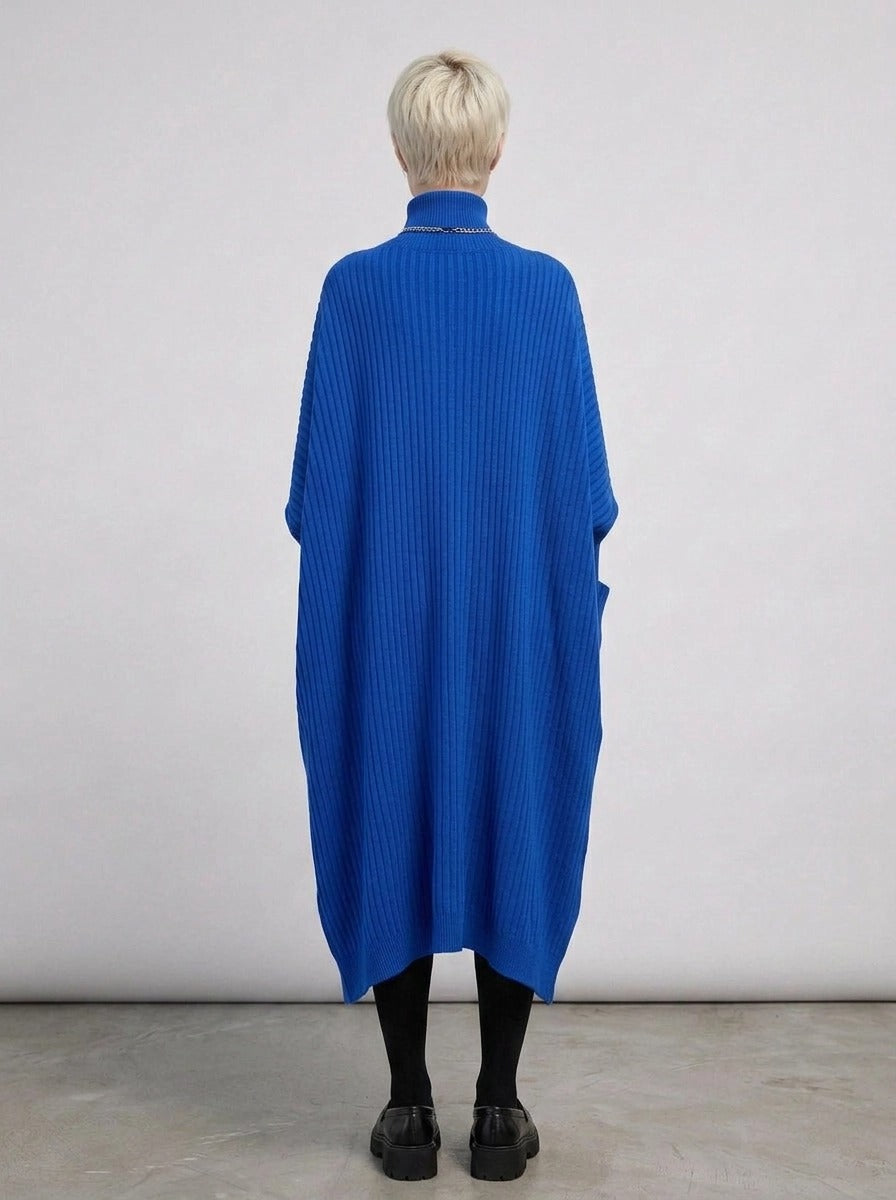Cobalt Blue Oversized Knit Pullover Dress with Turtleneck & Asymmetrical Hem-SimpleModerne
