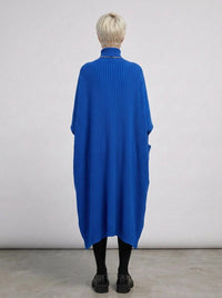 Cobalt Blue Oversized Knit Pullover Dress with Turtleneck & Asymmetrical Hem-SimpleModerne