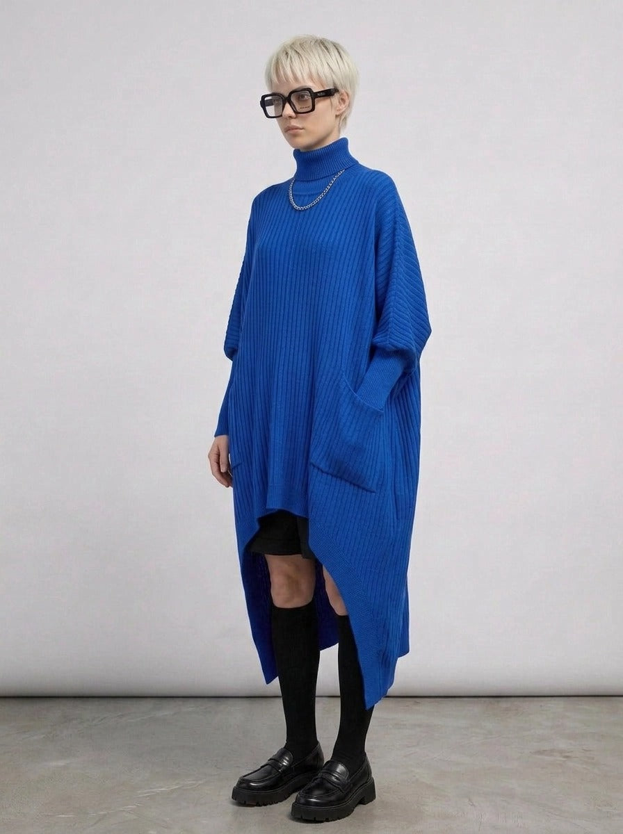 Cobalt Blue Oversized Knit Pullover Dress with Turtleneck & Asymmetrical Hem-SimpleModerne