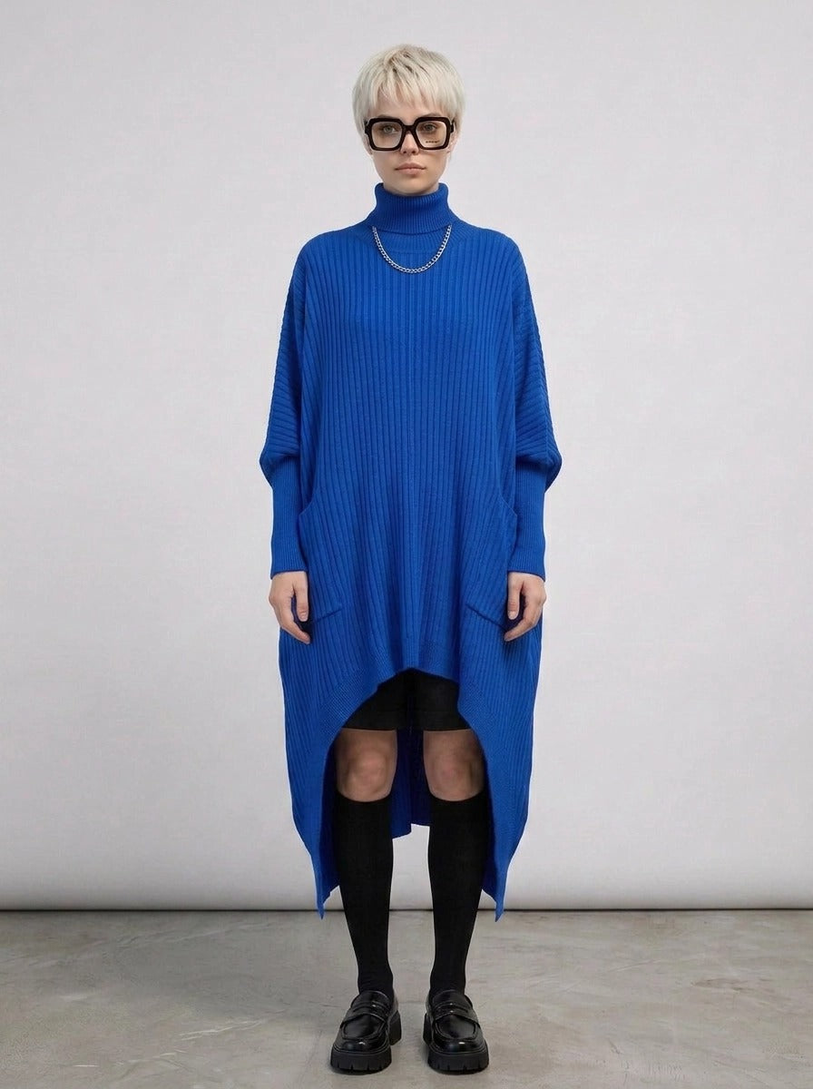 Cobalt Blue Oversized Knit Pullover Dress with Turtleneck & Asymmetrical Hem-SimpleModerne