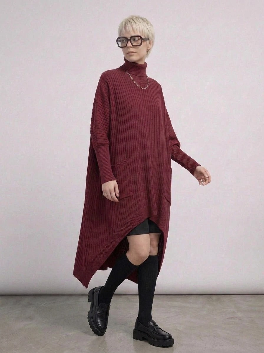 Burgundy Sculptural Ribbed Turtleneck Pullover