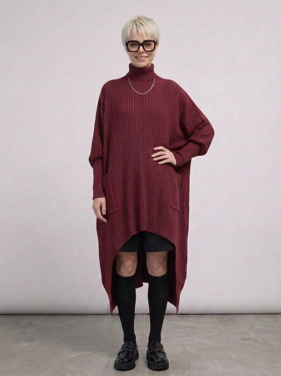 Burgundy Sculptural Ribbed Turtleneck Pullover