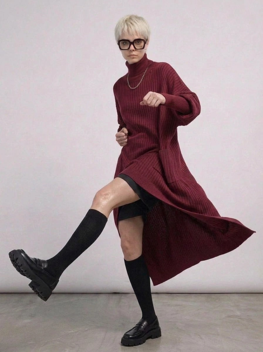 Burgundy Sculptural Ribbed Turtleneck Pullover