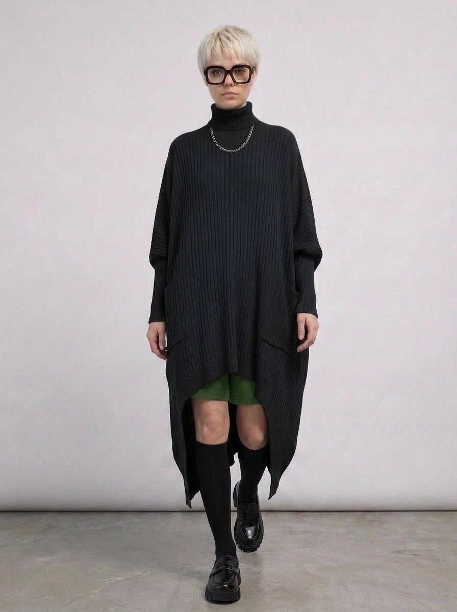 Re-launch Asymmetrical Knitted Pullover Dress with Turtleneck-SimpleModerne