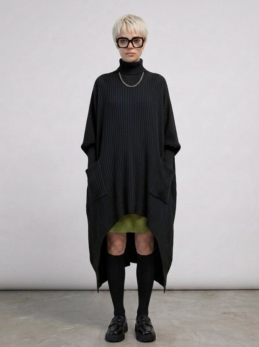 Re-launch Asymmetrical Knitted Pullover Dress with Turtleneck-SimpleModerne