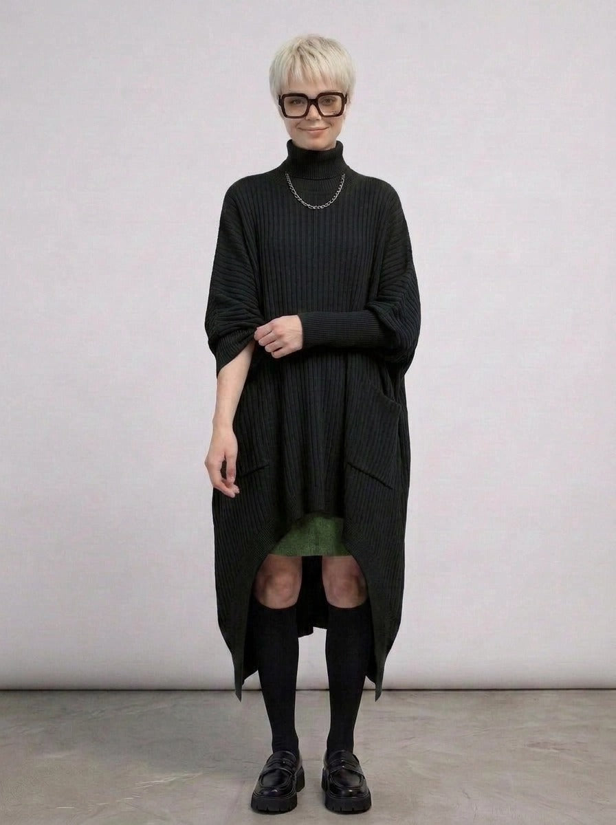 Re-launch Asymmetrical Knitted Pullover Dress with Turtleneck-SimpleModerne