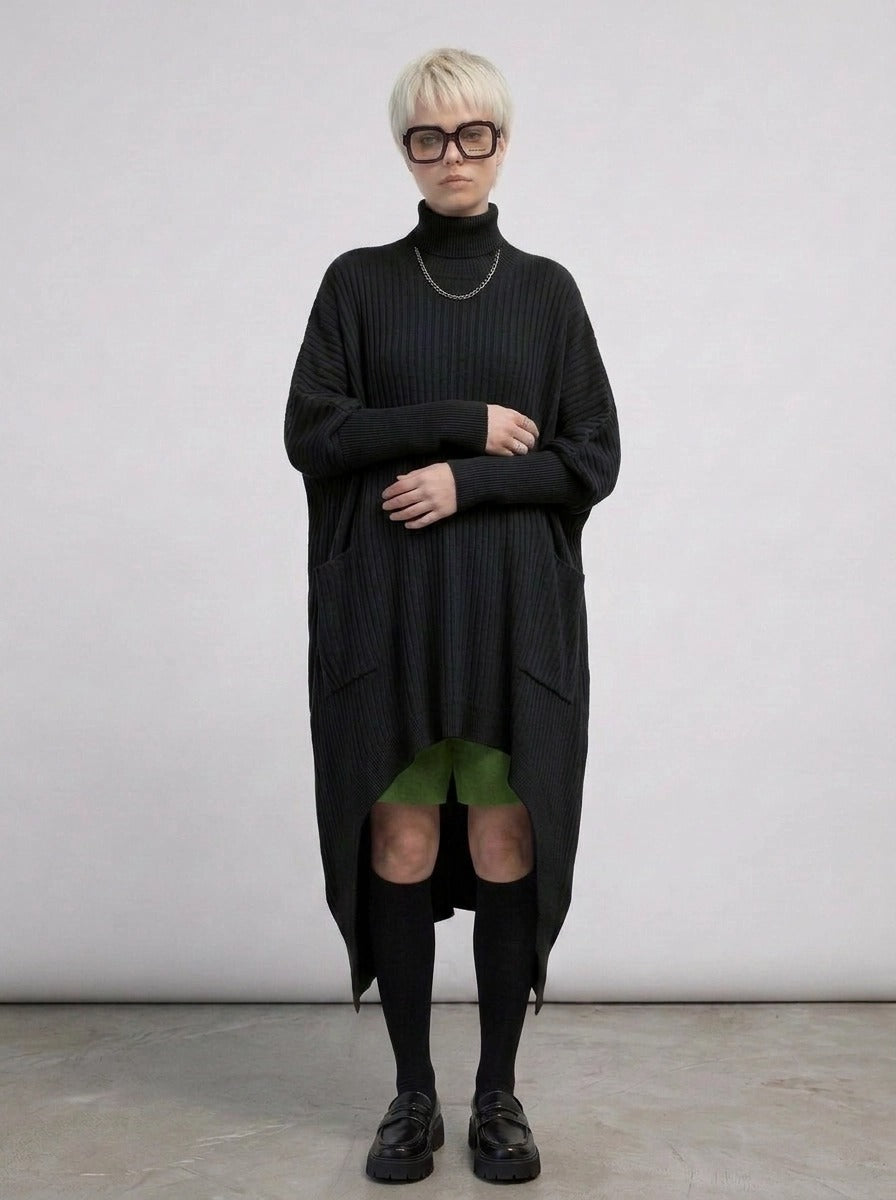 Re-launch Asymmetrical Knitted Pullover Dress with Turtleneck-SimpleModerne