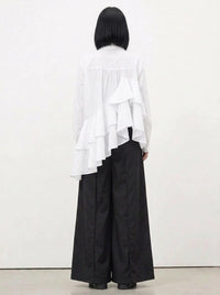 White Asymmetric Ruffle Shirt | Avant-Garde Oversized Blouse-SimpleModerne