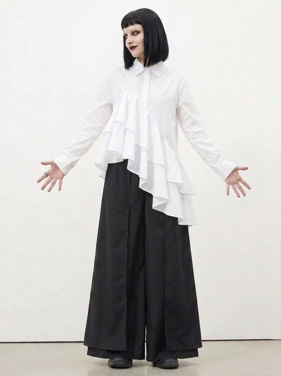 White Asymmetric Ruffle Shirt | Avant-Garde Oversized Blouse-SimpleModerne