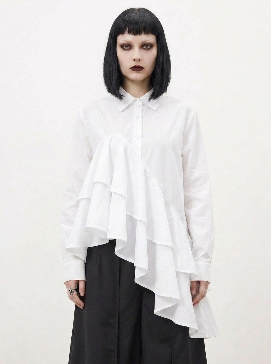 White Asymmetric Ruffle Shirt | Avant-Garde Oversized Blouse-SimpleModerne