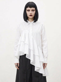White Asymmetric Ruffle Shirt | Avant-Garde Oversized Blouse-SimpleModerne