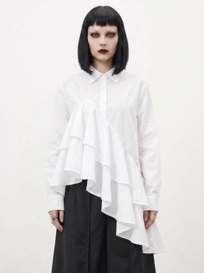 White Asymmetric Ruffle Shirt | Avant-Garde Oversized Blouse-SimpleModerne