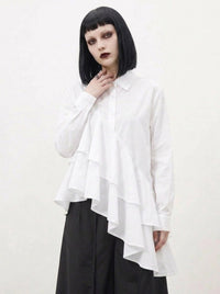 White Asymmetric Ruffle Shirt | Avant-Garde Oversized Blouse-SimpleModerne