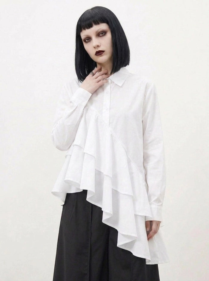 White Asymmetric Ruffle Shirt | Avant-Garde Oversized Blouse-SimpleModerne