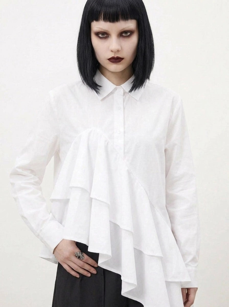 White Asymmetric Ruffle Shirt | Avant-Garde Oversized Blouse-SimpleModerne