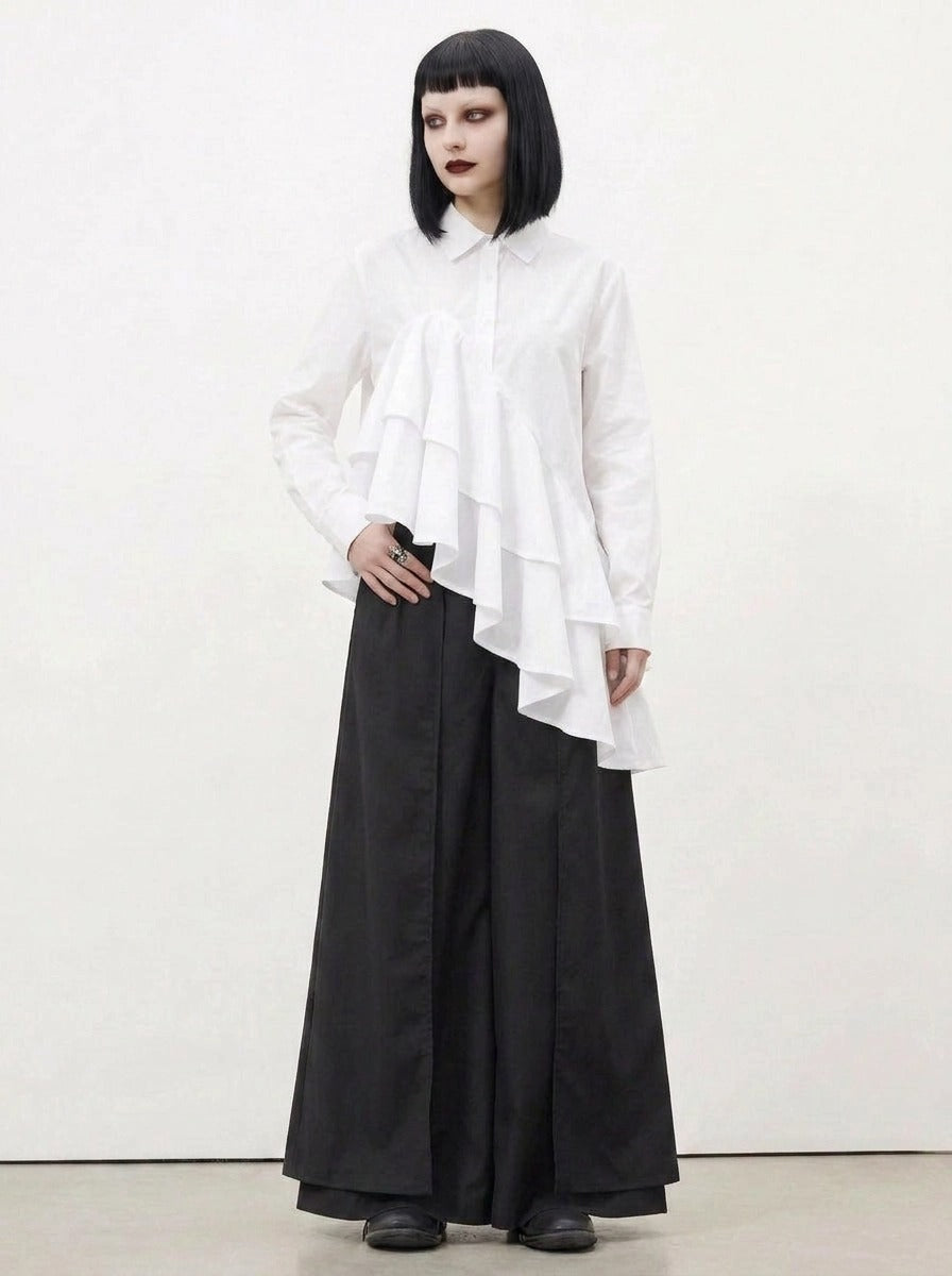 White Asymmetric Ruffle Shirt | Avant-Garde Oversized Blouse-SimpleModerne