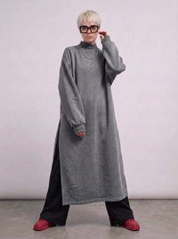 Grey Oversized Longline Pullover | One-Side Split Sweatshirt