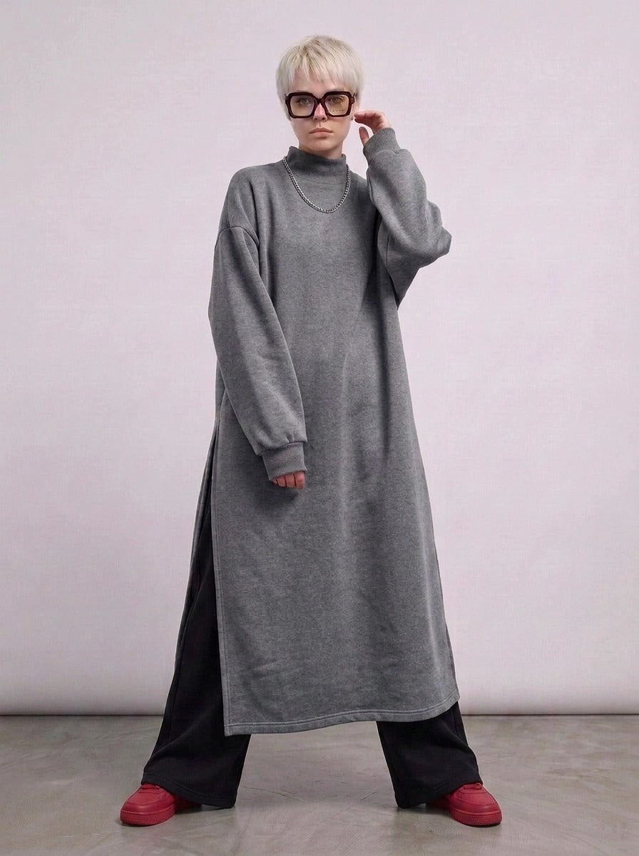 Grey Oversized Longline Pullover | One-Side Split Sweatshirt