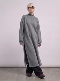 Grey Oversized Longline Pullover | One-Side Split Sweatshirt