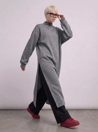 Grey Oversized Longline Pullover | One-Side Split Sweatshirt