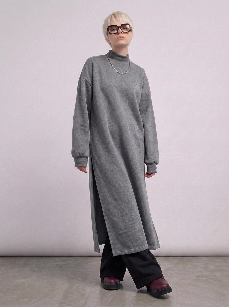 Grey Oversized Longline Pullover | One-Side Split Sweatshirt