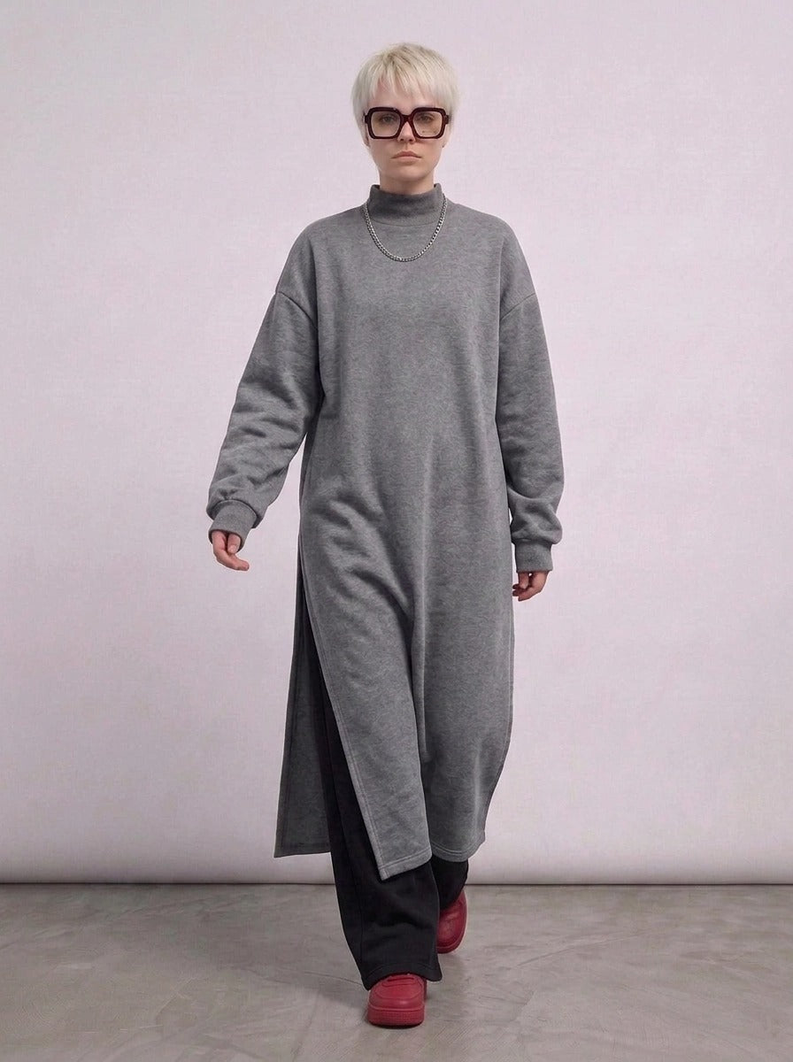 Grey Oversized Longline Pullover | One-Side Split Sweatshirt