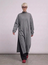 Grey Oversized Longline Pullover | One-Side Split Sweatshirt