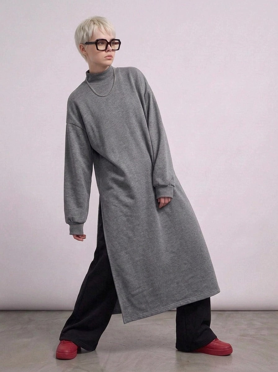 Grey Oversized Longline Pullover | One-Side Split Sweatshirt