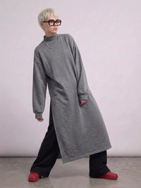 Grey Oversized Longline Pullover | One-Side Split Sweatshirt