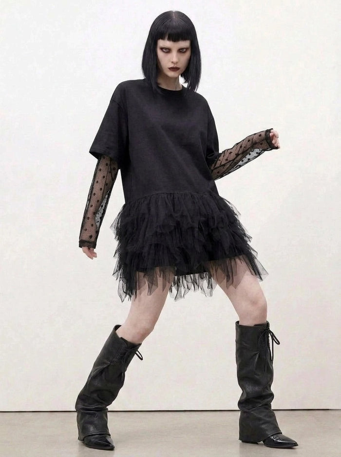 Tulle-Trim Mini Pullover Dress — Black