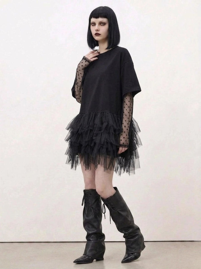 Tulle-Trim Mini Pullover Dress — Black