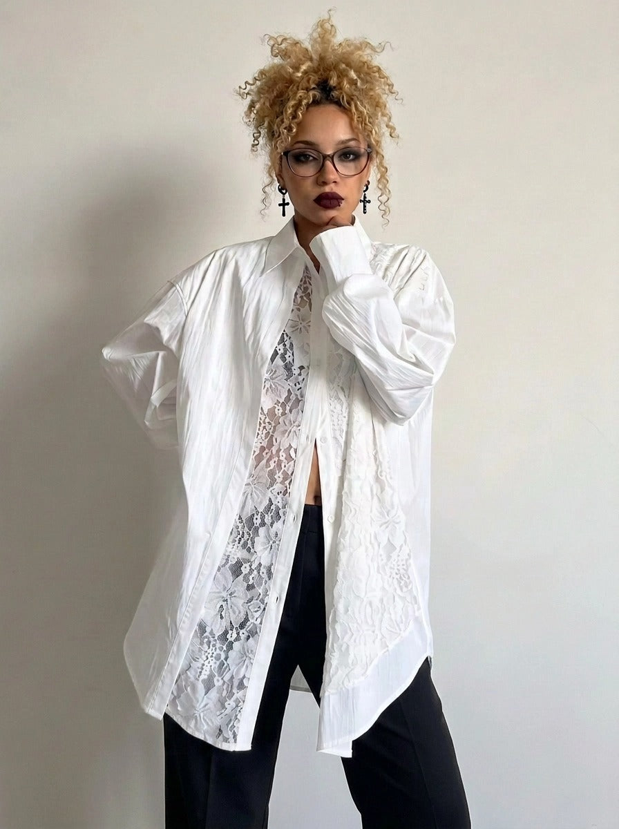 White Asymmetric Lace Oversized Shirt