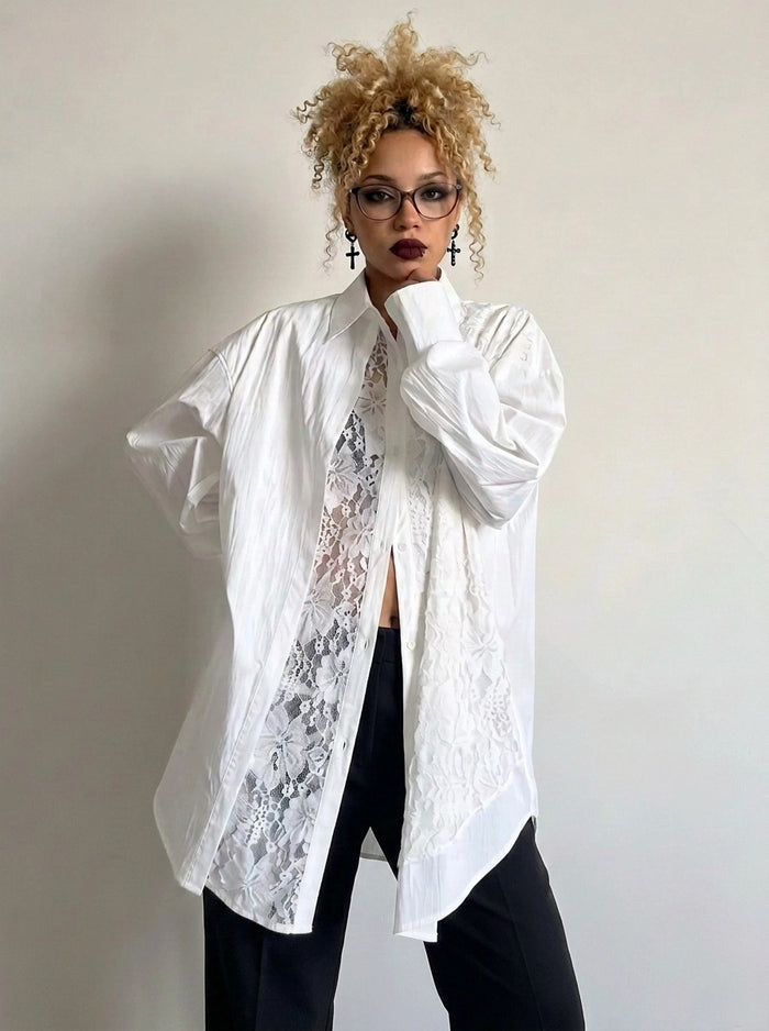White Asymmetric Lace Oversized Shirt-SimpleModerne