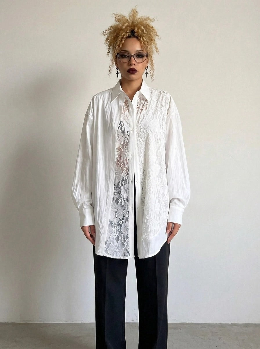White Asymmetric Lace Oversized Shirt