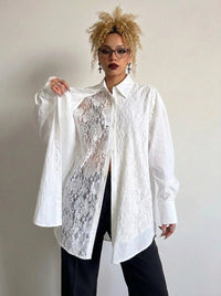 White Asymmetric Lace Oversized Shirt