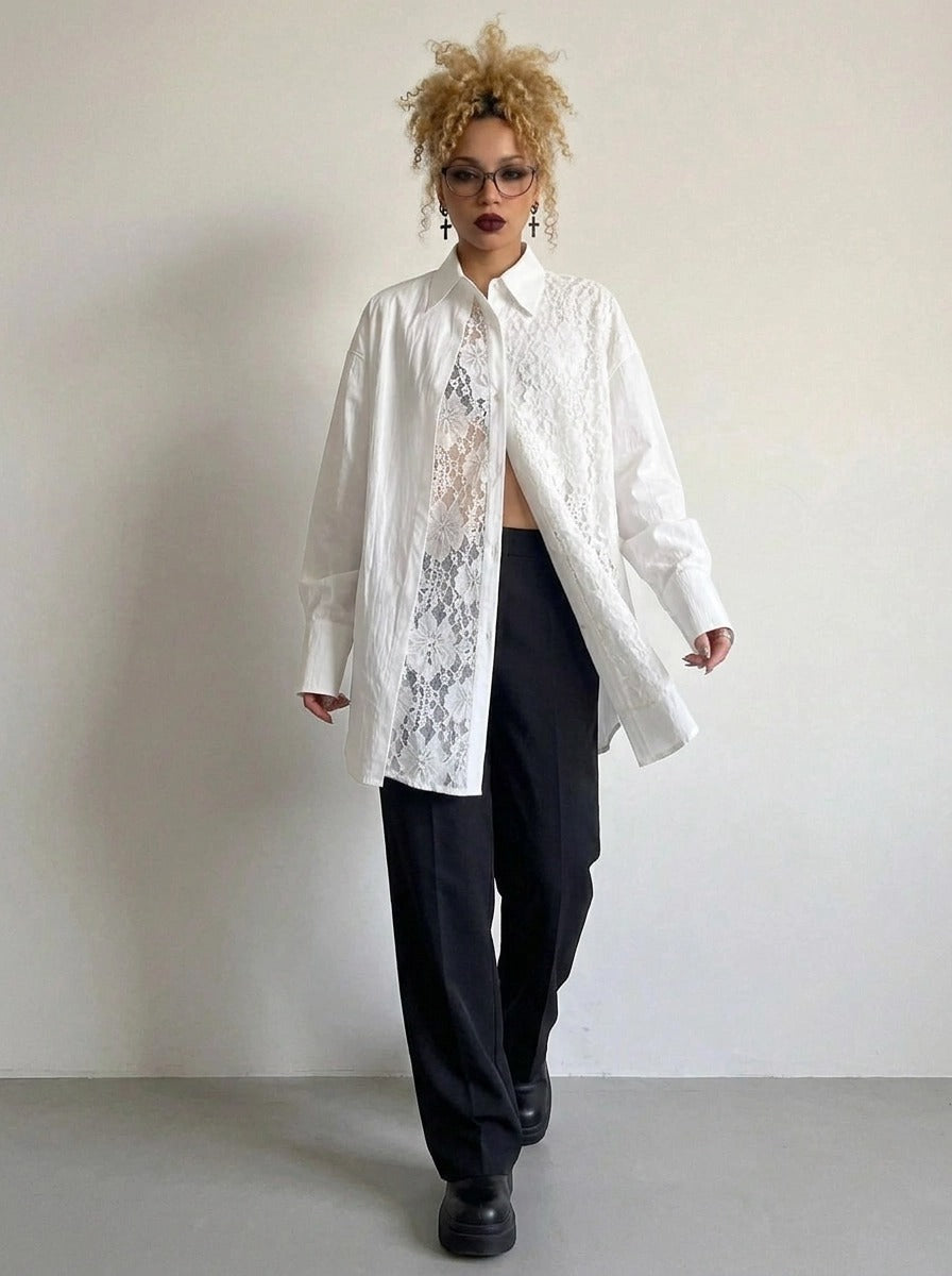 White Asymmetric Lace Oversized Shirt