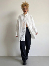 White Asymmetric Lace Oversized Shirt