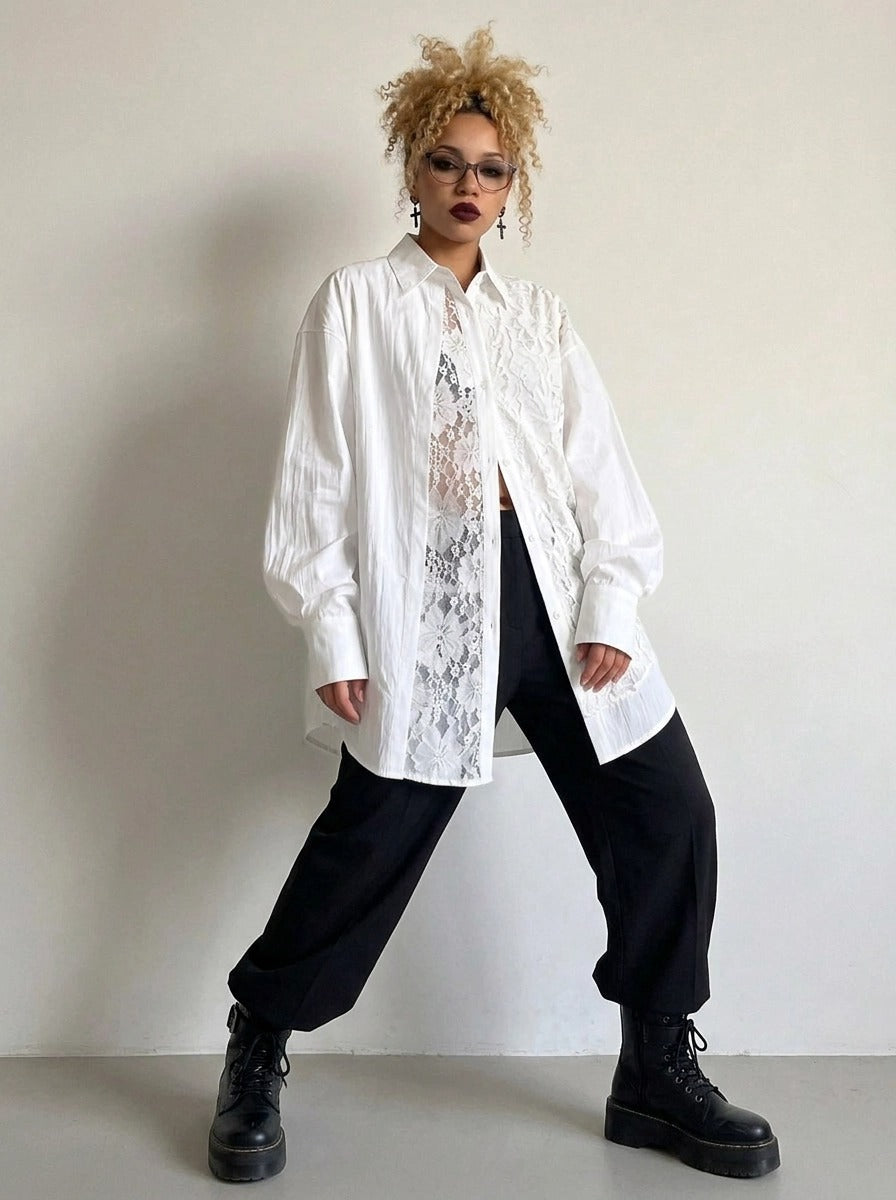 White Asymmetric Lace Oversized Shirt